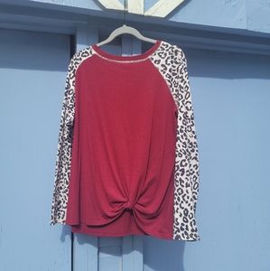 Maroon Long Sleeve Shirt with Leopard Print Sleeves